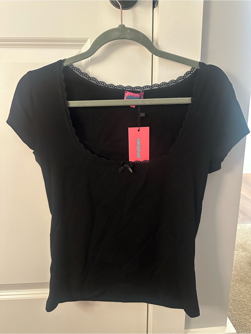 Edikted Black Scoop Neck Lace-Trim Short Sleeve Top